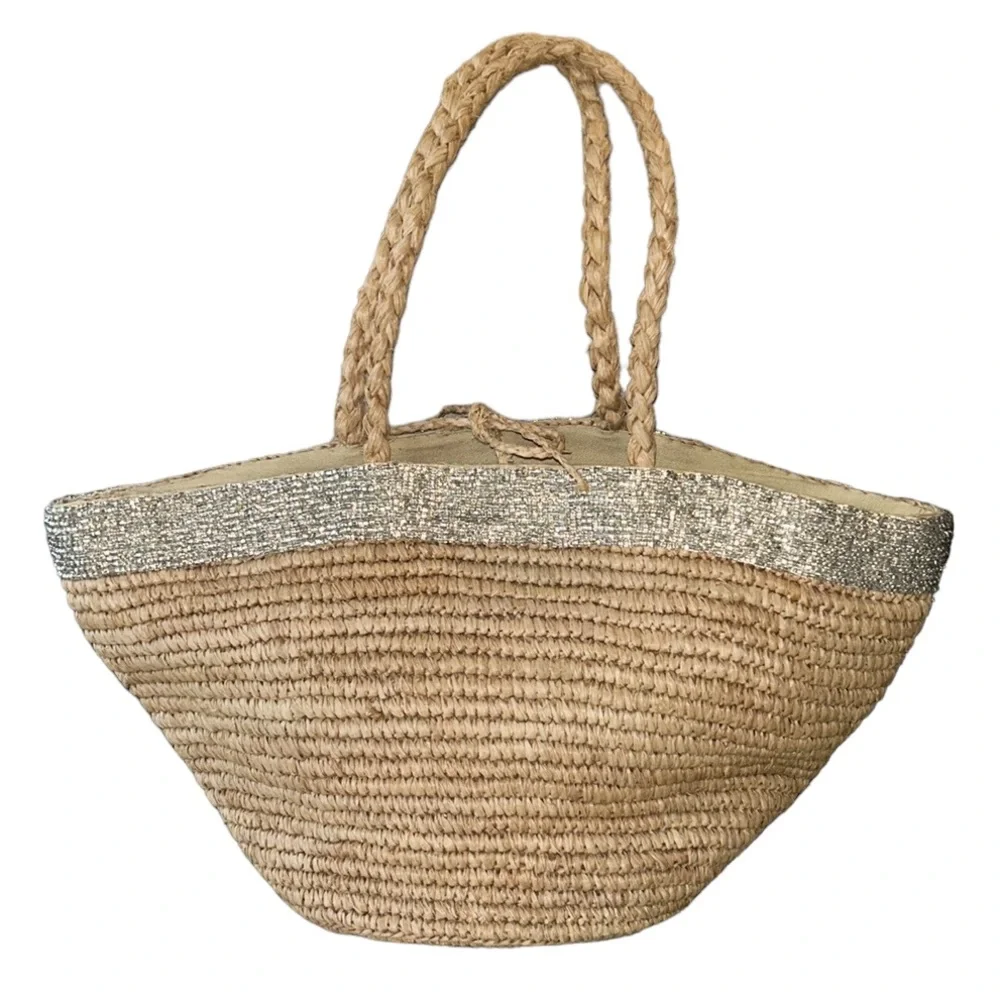 J. Crew Iridescent Beaded Straw Tote Bag